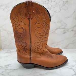 Womens Brown Cowboy Boots 7.5 Leather Western Embroidered Pointed Toe Block Heel